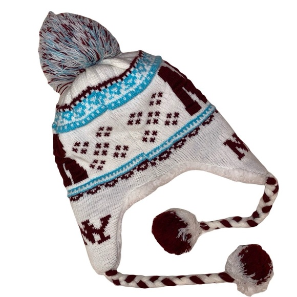 New York Beanie Trapper Hat w/ Ear Flaps, Braided Ties and Pom Poms WHT-BLU-BUR - Picture 2 of 7